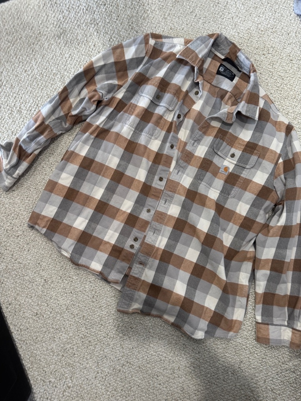 Carhartt Brown, Gray and White Plaid Flannel Shirt